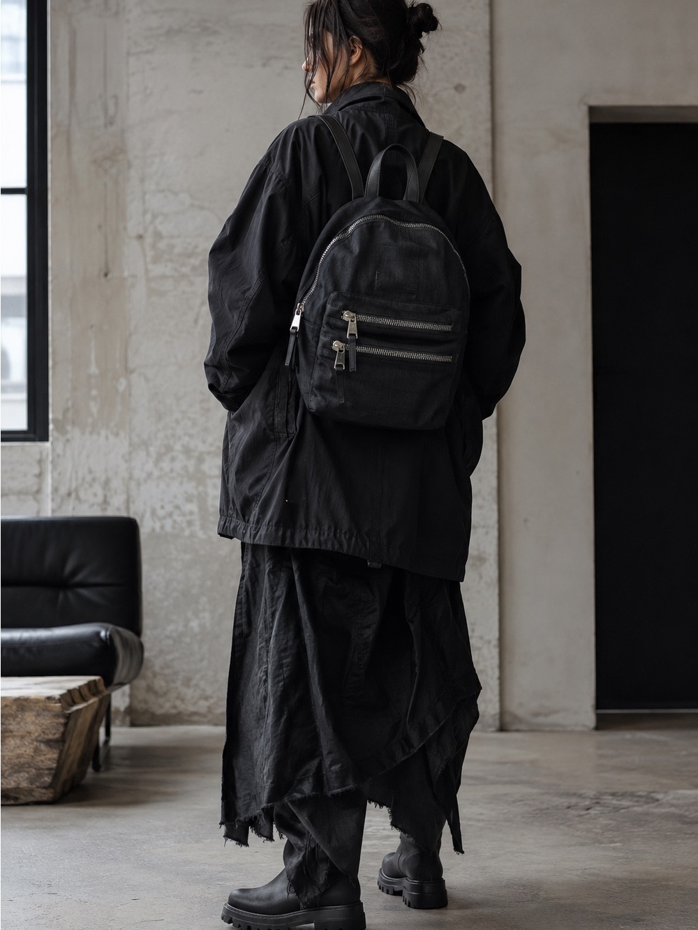 Adrienne Vittadini Black Backpack Silver Zip Burgundy Lined
